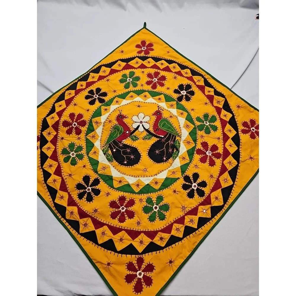 Indian‎ Applique Embroidered Peacock Flowers Wall Hanging 32